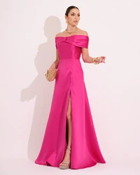 Vestido de Festa Longo Ombro a Ombro Laço Zibeline com Fenda Pink