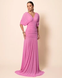 Vestido de Festa Longo Tule Manga Curta Drapeado Rosa