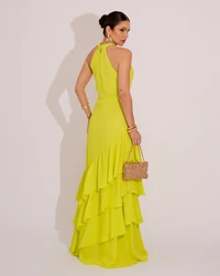 Vestido de Festa Longo Decote Halter com Babados Verde Lima