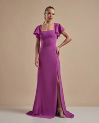 Vestido de Festa Longo Crepe Chiffon Manga Babado e Fenda Fúcsia