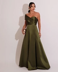 Vestido de Festa longo Faixa Ombro e Fenda Zibeline Verde Oliva