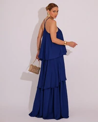 Vestido Longo Babado em Camada Azul Marinho