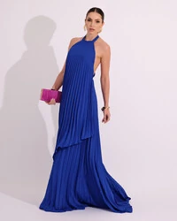 Vestidos de Festa Longo Chiffon Fluido Frente Única Plissado Duplo Azul Royal