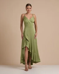 Vestido Midi Babado Acetinado Verde Pistache