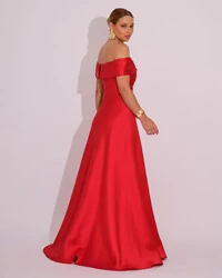 Vestido de Festa Longo Ombro a Ombro Laço Zibeline com Fenda Vermelho