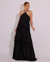 Vestido Longo Babado em Camadas Preto