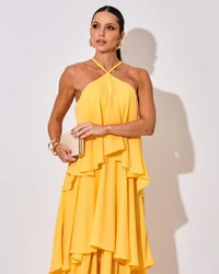 Vestido Longo Crepe Chiffon Babado em Camadas Amarelo
