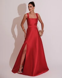 Vestido de Festa Longo Zibeline com Fenda e Faixa Vermelho