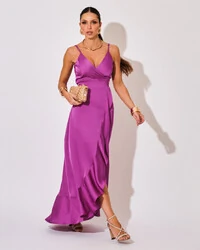 Vestido Midi Babado Acetinado Fúcsia