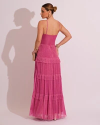 Vestido de Festa Longo Tule com Saia Babado Pink