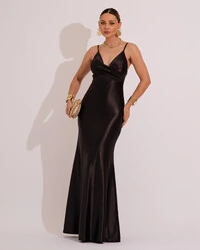 Vestido de Festa Longo Malha Cetim Busto Drapeado Saia Sereia Preto