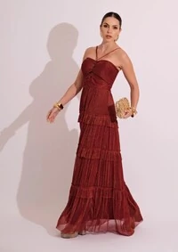 Vestido de Festa Longo Tule com Saia Babado Marsala
