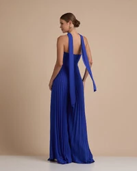 Macacão de Festa Longo Crepe Chiffon Tomara que Caia Plissado com Lenço Azul Royal