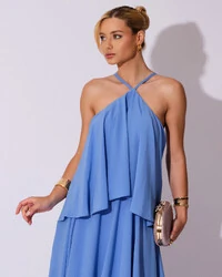 Vestido Longo Babado em Camadas Azul Atlantis
