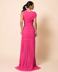 Vestido de Festa Longo Tule Faixa Detalhe Drapeado Pink