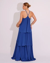 Vestido Longo Babado em Camadas Azul Royal