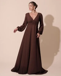 Vestido de Festa Manga Longa com Cintura Drapeada Decote V Marrom