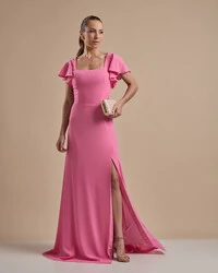 Vestido de Festa Longo Crepe Chiffon Manga Babado e Fenda Rosa