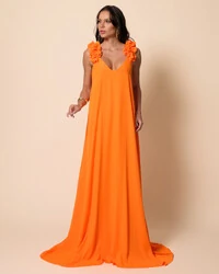 Vestido de Festa Longo Crepe Chiffon Fluido Decote em V Flores Laranja