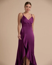 Vestido Midi Babado Acetinado Roxo