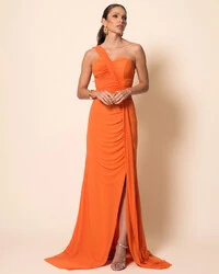 Vestido de Festa Longo Tule Tomara que Caia Faixa Detalhe Drapeado e Fenda Laranja