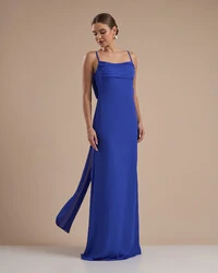 Vestido de Festa Longo Crepe Chiffon Costas Lenço Cauda Azul Royal