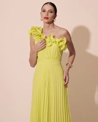 Vestido de Festa um Ombro Só Flor Saia Plissado Verde Lima