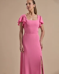 Vestido de Festa Longo Crepe Chiffon Manga Babado e Fenda Rosa