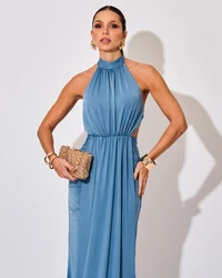 Vestido de Festa Longo Malha Jersey Gola Alta Saia Sereia Azul Atlantis