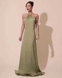 Vestido de Festa Longo Cetim Fluido com Argola Frente Única Verde Pistache