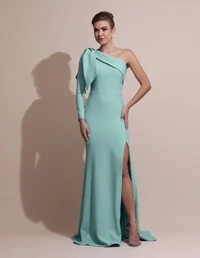 Vestido de Festa com Laço de Um Ombro em Alfaiataria Fenda Tiffany