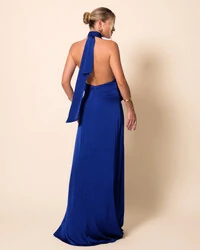 Vestido de Festa Longo Cetim Fluido Frente Única Degagê Mil Formas Azul Royal New