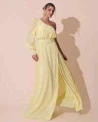 Vestido de Festa Longo um Ombro Só Manga Longa com Cinto Amarelo Manteiga