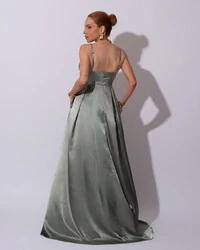 Vestido de Festa Longo Cetim Decote em V e Fenda Verde Menta