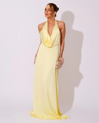 Vestido de Festa Longo Frente Única Degagê Cetim Fluido Amarelo Manteiga