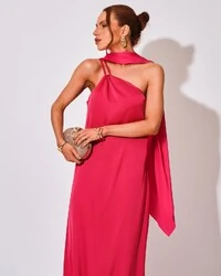 Vestido de Festa Longo em Cetim Fluido um Ombro Só com Lenço Pink