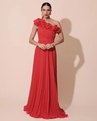 Vestido de Festa um Ombro Só Flor Saia Plissado Vermelho New