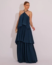 Vestido Longo Babado em Camadas Verde Escuro