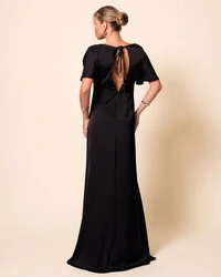 Vestido de Festa Longo Cetim Fluido Manga Curta Drapeado Preto