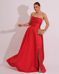 Vestido de Festa Longo Tomara que Caia Trançado Costa em Zibeline Vermelho