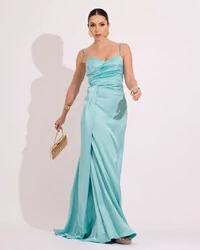 Vestido de Festa Longo Cetim Alfaiataria Fenda Drapeada Tiffany