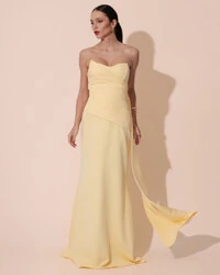 Vestido de Festa Longo Alfaiataria Tomara que Caia Drapeado Faixa Amarelo Manteiga