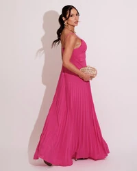 Vestido de Festa Longo Plissado Crepe Chiffon com Alça Hot Pink