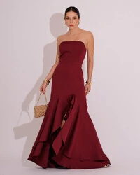 Vestido Longo com Fenda de Babados Alfaiataria Marsala Escuro
