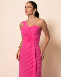 Vestido de Festa Longo Tule Tomara que Caia Faixa Detalhe Drapeado e Fenda Pink