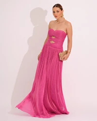 Vestido de Festa Longo Tule Brilho Tomara que Caia Recortes Pink