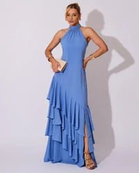 Vestido de Festa Longo Chiffon Crepe Gola Alta Babados Serenity