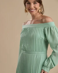 Vestido de Festa Longo Crepe Chiffon Plissado Ombro a Ombro Verde Menta