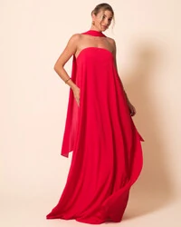 Vestido de Festa Longo Crepe Tomara que Caia com Lenço Vermelho