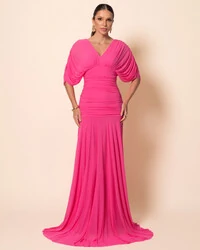 Vestido de Festa Longo Tule Manga Curta Drapeado Pink